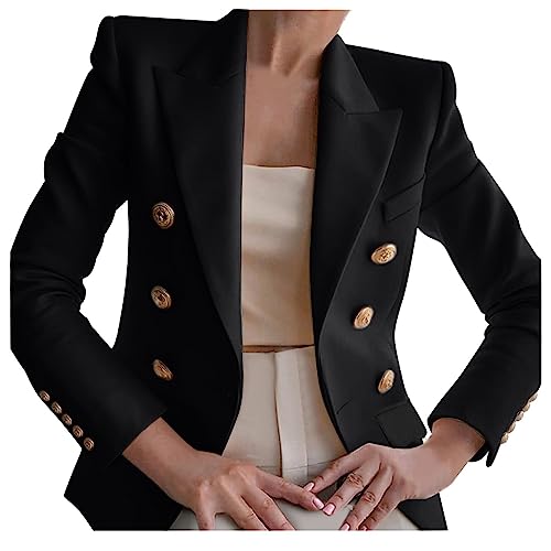 Damen Blazer Business Büro Sakko Elegant Gold Zweireiher Mantel Retro Stil Strickjacke Langarm Revers Sweatblazer Locker Sportlich Anzugjacke All Match Einfarbig Arbeitsjacke Anzug von Dajowake