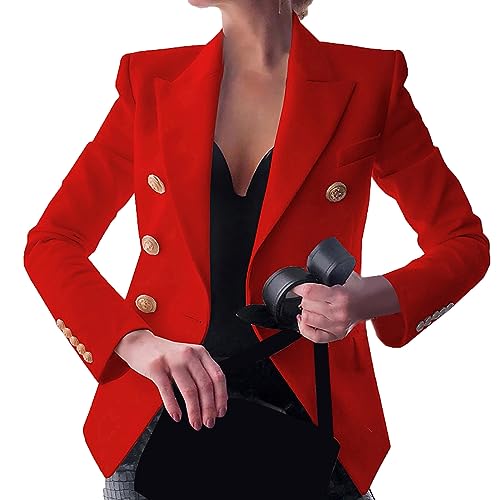 Damen Blazer Business Büro Sakko Elegant Gold Zweireiher Mantel Retro Stil Strickjacke Langarm Revers Sweatblazer Locker Sportlich Anzugjacke All Match Einfarbig Arbeitsjacke Anzug von Dajowake
