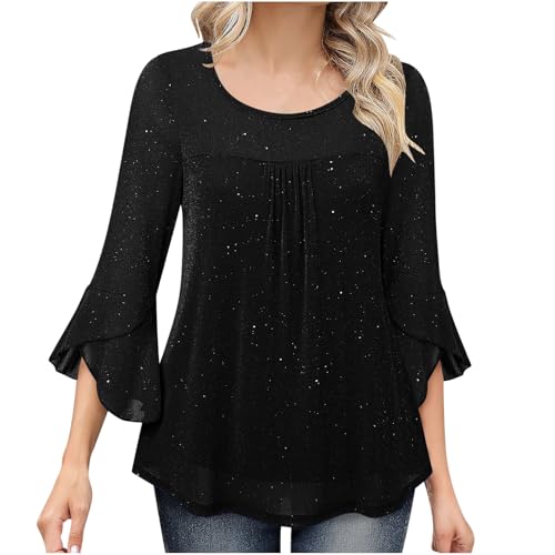 Damen Elegant Tunika Lange Glitzer Oberteile 3/4 Ärmel Tshirt Festliche Pullover Pailletten Bluse Mesh Oberteil Langarmshirt Slim Fit Pulli Tops Leichte Longbluse Shirt Tuniken Longshirt von Dajowake