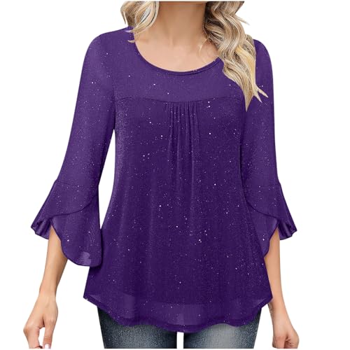 Damen Elegant Tunika Lange Glitzer Oberteile 3/4 Ärmel Tshirt Festliche Pullover Pailletten Bluse Mesh Oberteil Langarmshirt Slim Fit Pulli Tops Leichte Longbluse Shirt Tuniken Longshirt von Dajowake