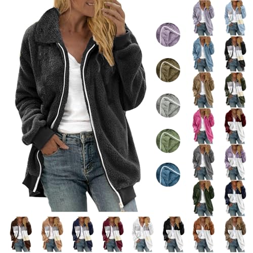 Damen Jacke Fleecejacke Teddy Fleece Plüschjacke Reißverschluss Sweatjacke Autumns Winter Freizeitjacke Langarm Teddyjacke Locker Lässig Mantel Sportjacke Thermo Winterjacke Wollmantel von Dajowake