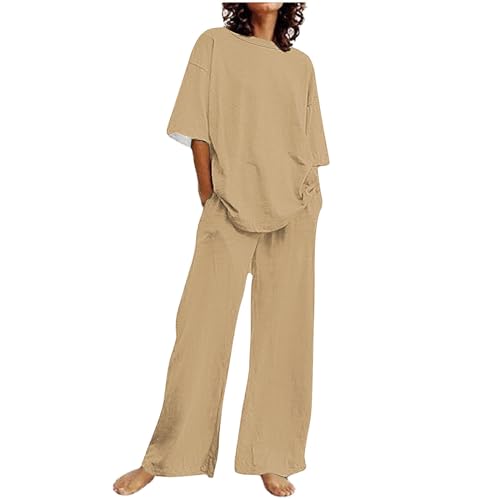 Damen Sommer Set 2-Teiliges Loungewear Baumwolle Leinen Outfit Leicht Zweiteiler Sportanzug Einfarbig Hausanzug Große Größen Tracksuit Rundhals Bluse und Hose Anzug von Dajowake