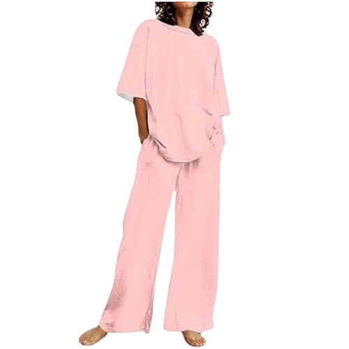 Damen Sommer Set 2-Teiliges Loungewear Baumwolle Leinen Outfit Leicht Zweiteiler Sportanzug Einfarbig Hausanzug Große Größen Tracksuit Rundhals Bluse und Hose Anzug von Dajowake