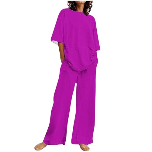 Damen Sommer Set 2-Teiliges Loungewear Baumwolle Leinen Outfit Leicht Zweiteiler Sportanzug Einfarbig Hausanzug Große Größen Tracksuit Rundhals Bluse und Hose Anzug von Dajowake