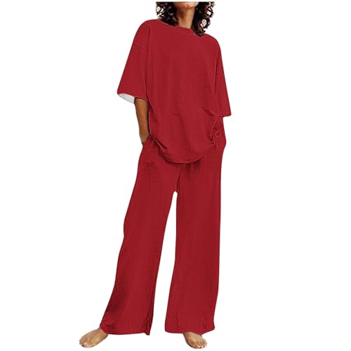 Damen Sommer Set 2-Teiliges Loungewear Baumwolle Leinen Outfit Leicht Zweiteiler Sportanzug Einfarbig Hausanzug Große Größen Tracksuit Rundhals Bluse und Hose Anzug von Dajowake