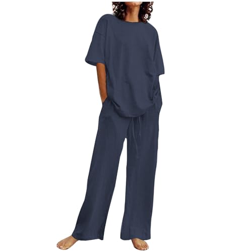 Damen Sommer Set 2-Teiliges Loungewear Baumwolle Leinen Outfit Leicht Zweiteiler Sportanzug Einfarbig Hausanzug Große Größen Tracksuit Rundhals Bluse und Hose Anzug von Dajowake