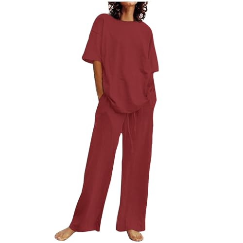 Damen Sommer Set 2-Teiliges Loungewear Baumwolle Leinen Outfit Leicht Zweiteiler Sportanzug Einfarbig Hausanzug Große Größen Tracksuit Rundhals Bluse und Hose Anzug von Dajowake