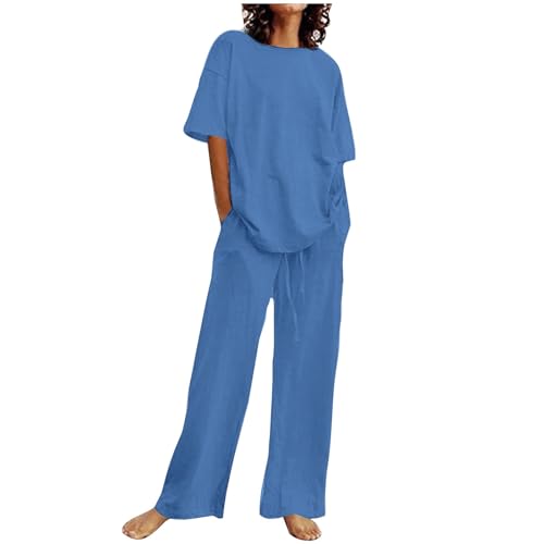 Damen Sommer Set 2-Teiliges Loungewear Baumwolle Leinen Outfit Leicht Zweiteiler Sportanzug Einfarbig Hausanzug Große Größen Tracksuit Rundhals Bluse und Hose Anzug von Dajowake