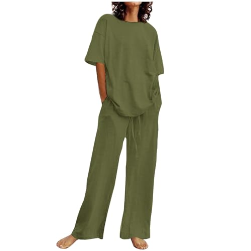 Damen Sommer Set 2-Teiliges Loungewear Baumwolle Leinen Outfit Leicht Zweiteiler Sportanzug Einfarbig Hausanzug Große Größen Tracksuit Rundhals Bluse und Hose Anzug von Dajowake