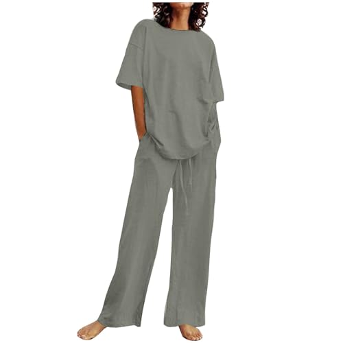 Damen Sommer Set 2-Teiliges Loungewear Baumwolle Leinen Outfit Leicht Zweiteiler Sportanzug Einfarbig Hausanzug Große Größen Tracksuit Rundhals Bluse und Hose Anzug von Dajowake