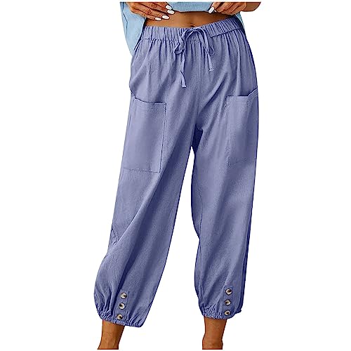 Damen Sommerhose Leicht Baumwolle Leinenhose 7/8 Lang Freizeithose Loose Elegant Haremshose mit Taschen Strandhose Einfarbig Lässige Stoffhose Elastische Taille Jogginghose für Herbst von Dajowake