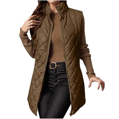 Damen Steppweste Lange Leicht weste mit Zip Westen Elegant Ärmellos Puffer Stehkragen Daunenweste Mittellang Einfarbig Übergangsweste Frauen Winterweste mit Taschen Outdoorweste von Dajowake