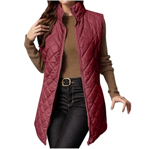 Damen Steppweste Lange Leicht weste mit Zip Westen Elegant Ärmellos Puffer Stehkragen Daunenweste Mittellang Einfarbig Übergangsweste Frauen Winterweste mit Taschen Outdoorweste von Dajowake