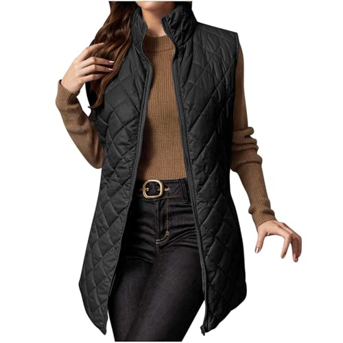 Damen Steppweste Lange Leicht weste mit Zip Westen Elegant Ärmellos Puffer Stehkragen Daunenweste Mittellang Einfarbig Übergangsweste Frauen Winterweste mit Taschen Outdoorweste von Dajowake