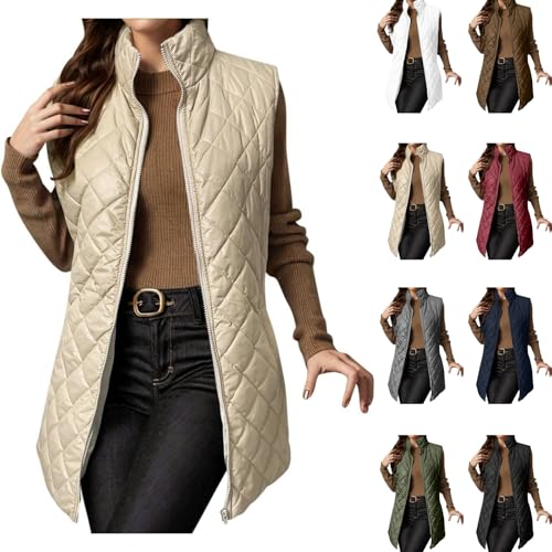 Damen Steppweste Lange Leicht weste mit Zip Westen Elegant Ärmellos Puffer Stehkragen Daunenweste Mittellang Einfarbig Übergangsweste Frauen Winterweste mit Taschen Outdoorweste von Dajowake