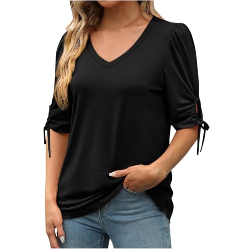 Damen Tops Sommer Baumwolle Blusen & Tuniken Tshirt 3/4 Arm Kurzarm T-Shirt Einfarbig Longshirt Frauen V-Ausschnitt Sommerbluse Leicht Modern Sportshirt von Dajowake