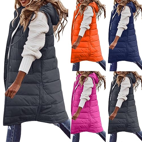 Daunenweste Damen Ärmellose Steppjacke Casual Lange Daunenjacke Einfarbig Leicht Longweste mit Kapuze Outdoor Steppweste Warme Elegant Weste Herbst Winter Baumwolle Puffer Jacke von Dajowake