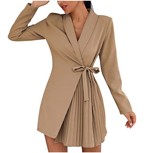 Frauen Elegante Winterkleid V Hals Formelle Blazerkleid Umlegekragen Casual Faltenkleid Schnüren Tunika Schmales Bürokleid Langarm Plissee Saum Arbeitskleidung Einfarbig Partykleid (Khaki, XXL) von Dajowake