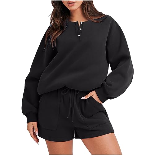 Jogginganzug Damen Set Zweiteiler Einfarbig Trainingsanzug Fleece Pullover Shorts Bequeme Langarm Sweatshirt 2-Teiliges Sportanzug Locker Casual Loungewear Fashion Frauen Freizeitanzug von Dajowake