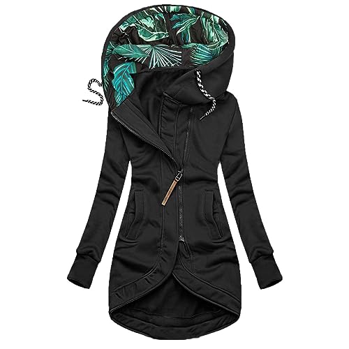 Kapuzenjack Damen Stempelsteuer Sweatjacke Baumwolle Hoodie Lange Ärmel Übergangsjackee mit Kapuze Kapuzenpullover Casual Passform winterjacke Reißverschluss Outwear warme Mantel (XXL, Schwarz) von Dajowake