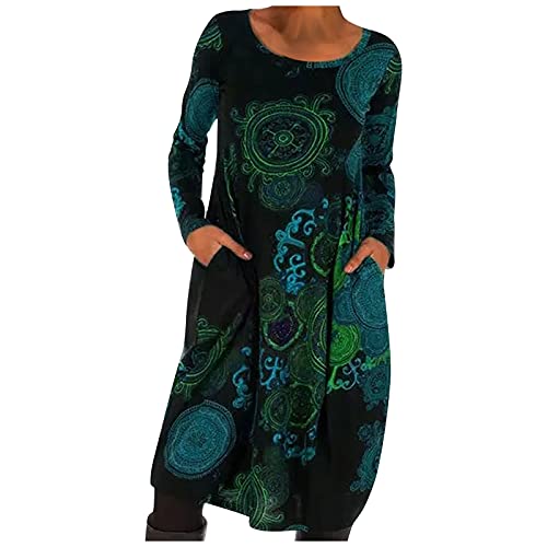 Kleid Damen Warm Lang Sweatkleid Rundhals Boho Winterkleid Weich Bequem Lässig Freiizeitkleid Lose Langarm Frühling Kleider mit Taschen Blumen Drucken Cordkleid für Alltag (Blau, M) von Dajowake