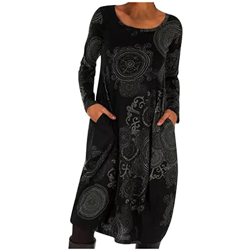 Kleid Damen Warm Lang Sweatkleid Rundhals Boho Winterkleid Weich Bequem Lässig Freiizeitkleid Lose Langarm Frühling Kleider mit Taschen Blumen Drucken Cordkleid für Alltag von Dajowake