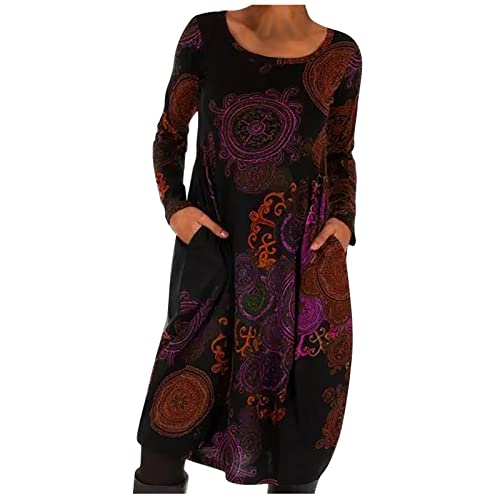Kleid Damen Warm Lang Sweatkleid Rundhals Boho Winterkleid Weich Bequem Lässig Freiizeitkleid Lose Langarm Frühling Kleider mit Taschen Blumen Drucken Cordkleid für Alltag von Dajowake