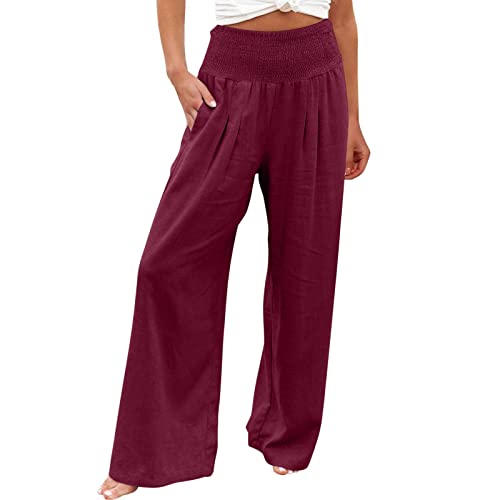 Leicht Leinenhose Damen Sommer Oversize Stoffhose Musselin Hohe Taille Hosen Baumwolle Leinen Sommerhosen Locker Casual Damenhose Bundfaltenhose Dünner Strandhose von Dajowake