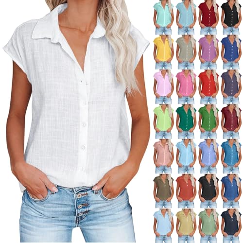 Leinenbluse Damen Leinen Shirt Vintage Oberteile Sommer Kurzarm Blusenshirt Musselin Bluse Oversized Leinenhemd V-Ausschnitt Hemdbluse Button Down Tuniken Tops Einfarbig Sommerbluse von Dajowake