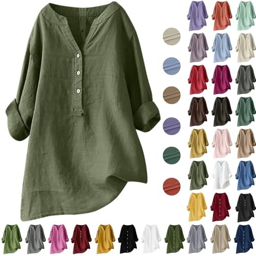Leinenbluse Damen Longshirt 3/4 Ärmel Musselin Blusenshirt V-Ausschnitt Tunika Tops Sommer Oberteile Einfarbig Leinenhemd Baumwolle Leinen Shirt Hemdbluse Longbluse befristetes Angebot Heute von Dajowake
