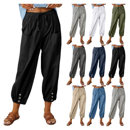 Leinenhose Damen 7/8 Lang Sommerhose Baumwolle Leinen Freizeithose Lässige Einfarbig Stoffhose Casual Loose Fit Strandhose mit Taschen Yogahose Elastische Taille Haremshose Caprihose Leinenhose Damen 7/8 Lang Sommerhose Baumwolle Leinen Freizeithose Lässige Einfarbig Stoffhose Casual Loose Fit Strandhose mit Taschen Yogahose Elastische Taille Haremshose Caprihose von Dajowake