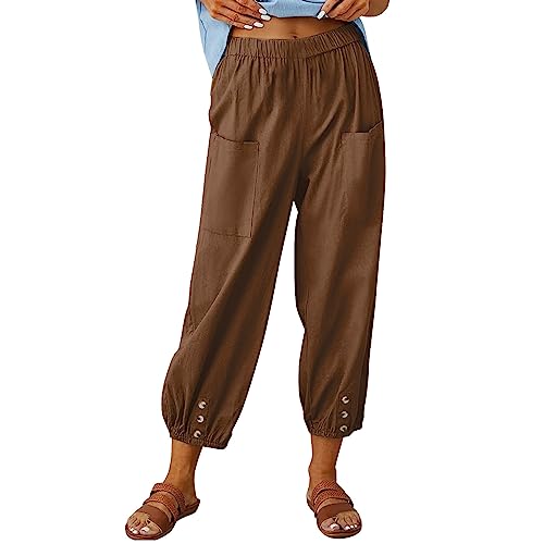 Leinenhose Damen 7/8 Lang Sommerhose Baumwolle Leinen Freizeithose Lässige Einfarbig Stoffhose Casual Loose Fit Strandhose mit Taschen Yogahose Elastische Taille Haremshose Caprihose von Dajowake