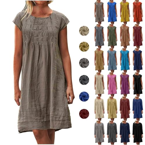 Leinenkleid Damen Sommer Blusenkleid Musselin Kleid Rundhals Plissee Sommerkleid Baumwolle Leinen Kleider Knielang A-Linie Strandkleider Einfarbig Vintage Freizeitkleid Leicht Midikleid von Dajowake