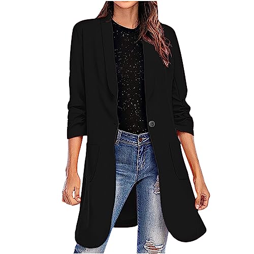 Longblazer Damen Blaser Jacke Lange Mantel Leicht Lässig Damenblazer Stretch Tailliert Cardigan Revers Coat Outwear Elegant Sportlich Arbeitsjacke Business Outfit Große Größen Blazerjacke von Dajowake