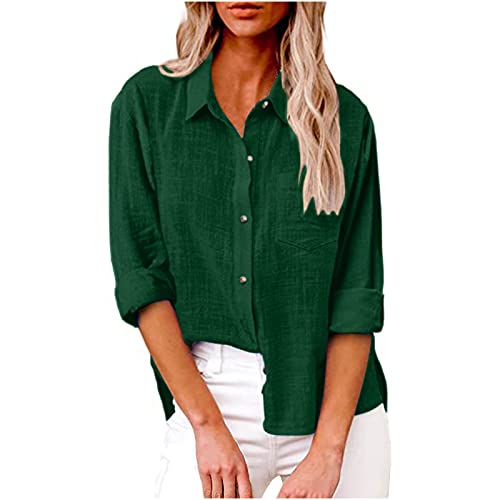 Musselin Bluse Damen Sommer Elegant Oberteile Retro Einfarbig für Damen Hemden V-Ausschnitt Button Down Tops Casual Basic Revers T-Shirt Langarm Oberteile Große Größen Langarmshirt von Dajowake