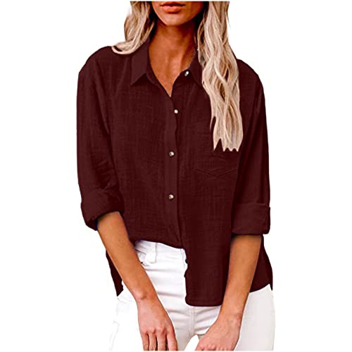 Musselin Bluse Damen Sommer Elegant Oberteile Retro Einfarbig für Damen Hemden V-Ausschnitt Button Down Tops Casual Basic Revers T-Shirt Langarm Oberteile Große Größen Langarmshirt von Dajowake