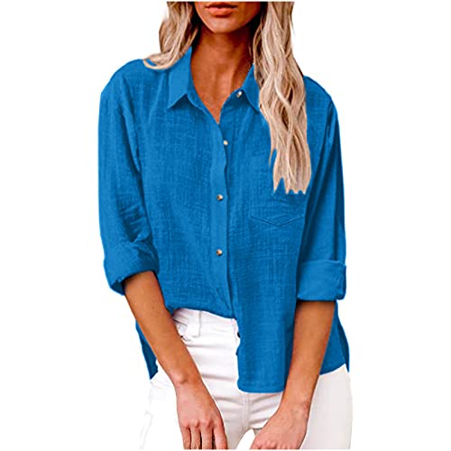 Musselin Bluse Damen Sommer Elegant Oberteile Retro Einfarbig für Damen Hemden V-Ausschnitt Button Down Tops Casual Basic Revers T-Shirt Langarm Oberteile Große Größen Langarmshirt von Dajowake