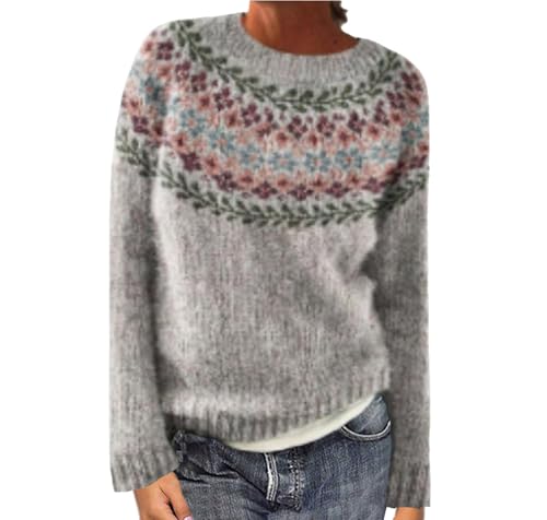 Norweger Pullover Damen Kaschmir Winterpullover Sweatshirt Elegant Rundhals Strickpullover Warm Winterpullover mit Aufdruck Gestrickter Sweater Mode Winter Oberteile Langarm Strickmantel von Dajowake