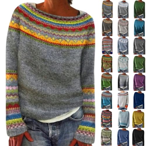 Norweger Pullover Damen Kaschmir Winterpullover Sweatshirt Elegant Rundhals Strickpullover Warm Winterpullover mit Aufdruck Gestrickter Sweater Mode Winter Oberteile Langarm Strickmantel von Dajowake