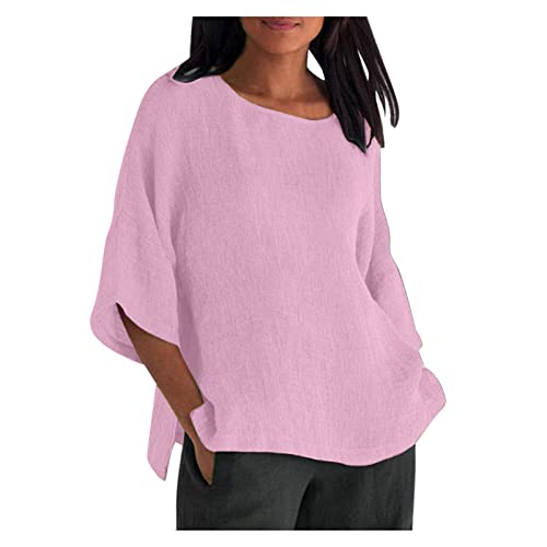 Oberteile Damen Leinenbluse Sommer Musselin Bluse 3/4 Arm Elegant Longshirt Große Größe Leinenhemd Leinen Langarmshirt Oberteil Locker Blusenshirt Basic Shirt Oversized Hemdbluse T-Shirt von Dajowake