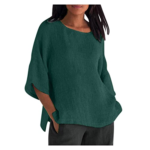 Oberteile Damen Leinenbluse Sommer Musselin Bluse 3/4 Arm Elegant Longshirt Große Größe Leinenhemd Leinen Langarmshirt Oberteil Locker Blusenshirt Basic Shirt Oversized Hemdbluse T-Shirt von Dajowake