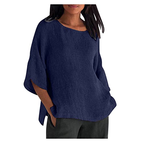 Oberteile Damen Leinenbluse Sommer Musselin Bluse 3/4 Arm Elegant Longshirt Große Größe Leinenhemd Leinen Langarmshirt Oberteil Locker Blusenshirt Basic Shirt Oversized Hemdbluse T-Shirt von Dajowake