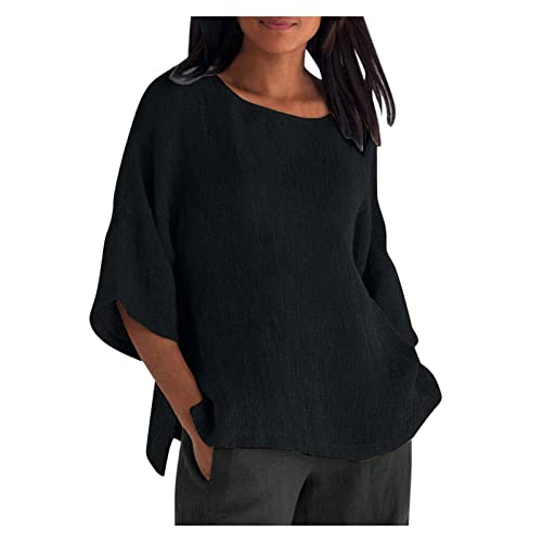 Oberteile Damen Leinenbluse Sommer Musselin Bluse 3/4 Arm Elegant Longshirt Große Größe Leinenhemd Leinen Langarmshirt Oberteil Locker Blusenshirt Basic Shirt Oversized Hemdbluse T-Shirt von Dajowake