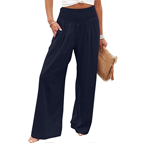 Sommerhosen Damen Leicht Leinenhose Weites Bein Damenhose Hohe Taille Freizeithose Sommer Einfarbig Strandhose Baumwolle Leinen Yogahose Elastische Taille Stoffhose von Dajowake