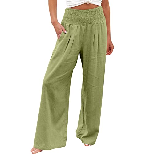 Sommerhosen Damen Leicht Leinenhose Weites Bein Damenhose Hohe Taille Freizeithose Sommer Einfarbig Strandhose Baumwolle Leinen Yogahose Elastische Taille Stoffhose von Dajowake