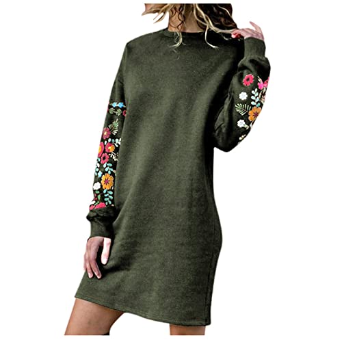 Strickkleid Damen Winter Langarm Minikleid Knielang Lange Pullover Elegant Pulloverkleid Warme Winterkleid Lässig Rundhals Sweatkleid Frühling Kleider Blumen Stickerei Partykleid (Armeegrün, XXL) von Dajowake