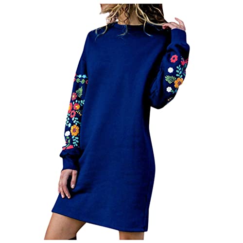 Strickkleid Damen Winter Langarm Minikleid Knielang Lange Pullover Elegant Pulloverkleid Warme Winterkleid Lässig Rundhals Sweatkleid Frühling Kleider Blumen Stickerei Partykleid (Blau, S) von Dajowake