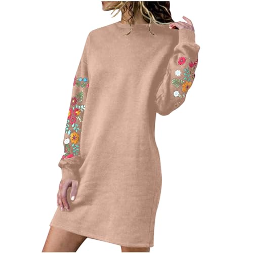 Strickkleid Damen Winter Langarm Minikleid Knielang Lange Pullover Elegant Pulloverkleid Warme Winterkleid Lässig Rundhals Sweatkleid Frühling Kleider Blumen Stickerei Partykleid von Dajowake