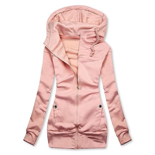 Sweatjacke Damen Baumwolle ÜBergangsjacke Langarm Hoodie mit Kapuze Kapuzenpullover Casual Frauenmantel Herbst Winter Outwear Elegant ReißVerschluss ÜBergangsmantel Lange äRmel (L, Rosa) von Dajowake