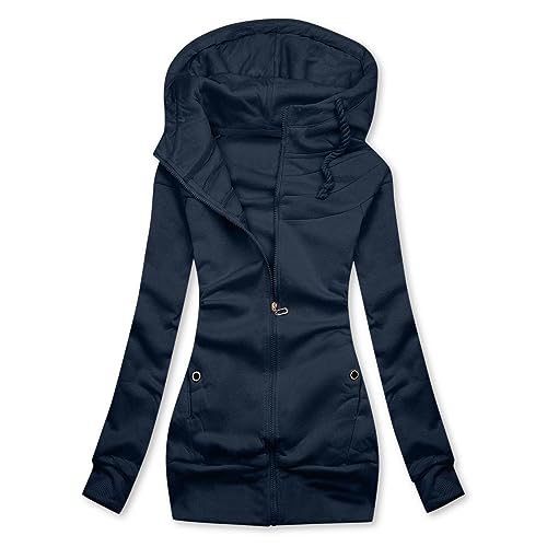 Sweatjacke Damen Baumwolle ÜBergangsjacke Langarm Hoodie mit Kapuze Kapuzenpullover Casual Frauenmantel Herbst Winter Outwear Elegant ReißVerschluss ÜBergangsmantel Lange äRmel (XL, Dunkelblau) von Dajowake